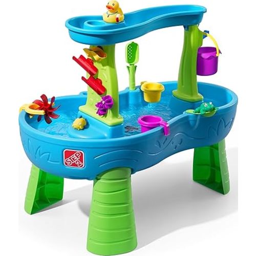 Step2 Rain Showers Splash Pond Water Table, Kids Water and Sand Activity Sensory Playset, Summer Outdoor Toys, 13 Piece Water Toy Accessories, For Toddlers 1.5+ Years Old, Blue & Green