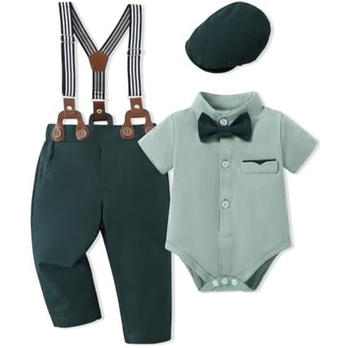 Baby Boy Clothes Suits 3-24M Infant Gentleman Outfits, Short Sleeve Shirt+Bowtie+Beret+Suspender Pants Clothing Set