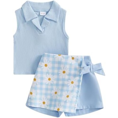 Madjtlqy Toddler Baby Girls Summer Outfit Sleeveless Ribbed Collared Tank Tops + Floral Skirt Shorts Set Kids Cute Clothes