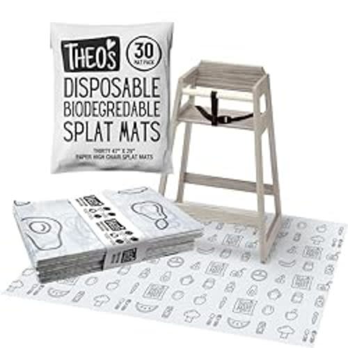 30 Pack | Disposable Splat Mats | Biodegradable + Compostable | THEO'S MATS | Under Highchair Splat Mat for Floor | Baby Led Weaning Supplies | (THEO001) - 30 Count (Splat Mats)