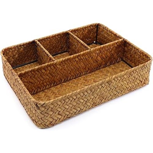 Wicker Baskets 4-Section Tea Bag/Sugar Packet Holder, Seagrass Woven Compartment Organizer, Storage Rattan Divided Basket for Home, Office-Desk Baskets for Shelves,Pantry,Coffee Bar,Countertops,Closet