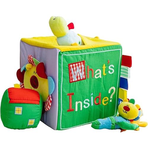 Genius Baby Toys Surprise Box for Baby - 8 Pieces - What's Inside Box with Collection of Sensory Toys for Baby, 7" Square Cube - Deluxe, Perfect Size for Small Hands