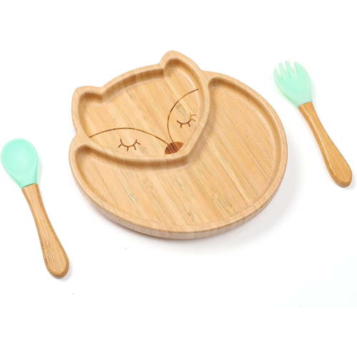 Bamboo Baby Plate - Silicone Suction - Toddler Food Plate with Fork and Spoon - Baby Led Weaning Plate Feeding Utensils Set , BPA Free （Fox Mint）