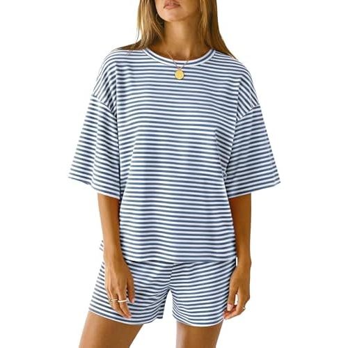LOMON Two Piece Sets for Women Summer 3/4 Sleeve Tops and Elastic Waist Shorts Pajamas Cute Comfy Soft Lounge Striped Pjs