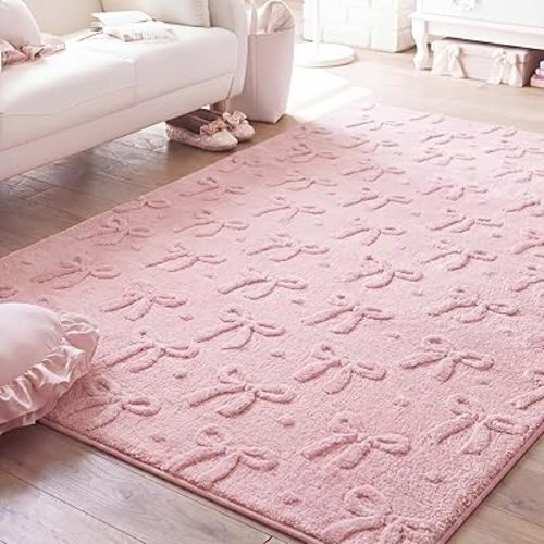 Pink Bow Area Rugs 4 x 6 ft Cute Sweet Throw Rugs Pink Plush Faux Fur Aesthetic Soft Bedroom Carpet for Living Room Dining Playroom Nursery Family Indoor Dorm