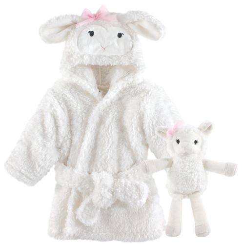 Hudson Baby Infant Girl Plush Bathrobe and Toy Set, Girl Lamb, One Size - Girl Lamb - One Size