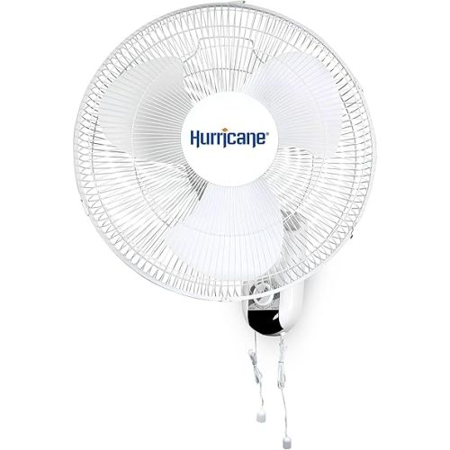 Hurricane Classic Oscillating Wall Mount Fan w/ 3 Quite Speeds, White, 16" - Corded Electric Air Cooling Unit w/Easy Pull Cord Controls for Home, Grow Tents, Offices, Sheds, Studios, Garages & Dorms