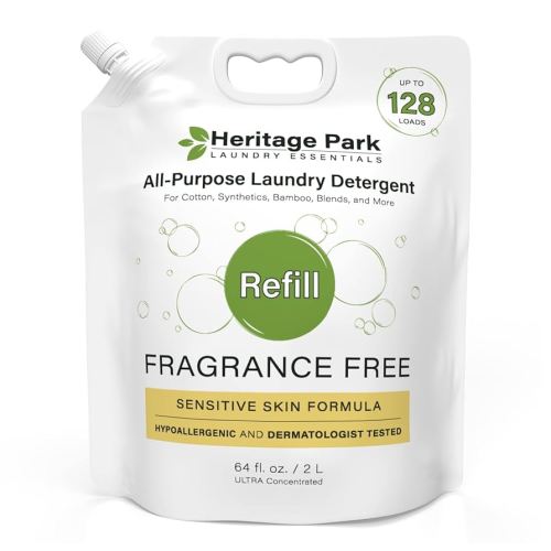Heritage Park All-Purpose Fragrance Free, Hypoallergenic, pH-Neutral Laundry Detergent - Dermatologist-tested, Sensitive Skin-Friendly, Stain-Fighting Enzymes, 3x Concentrated (64 fl oz Refill Pouch)