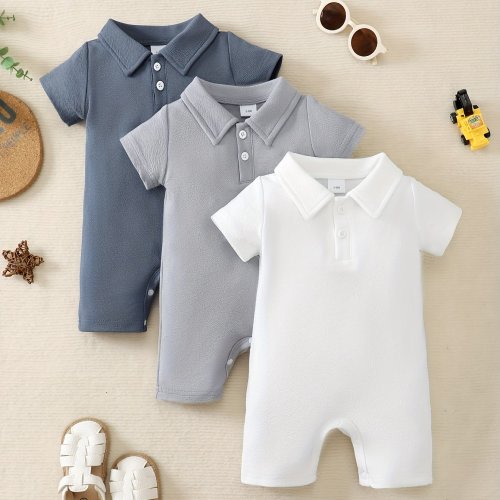 3pcs Baby's Solid Color Turndown Collar Bodysuit, Casual Short Sleeve Romper, Toddler & Infant Boy's Clothing For Indoor And Outdoor Wear