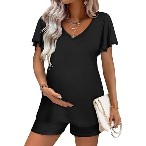 Ekouaer Maternity Sets 2 Piece Outfits Flowing Short Sleeve V Neck Postpartum Pregnancy Pajamas Clothes