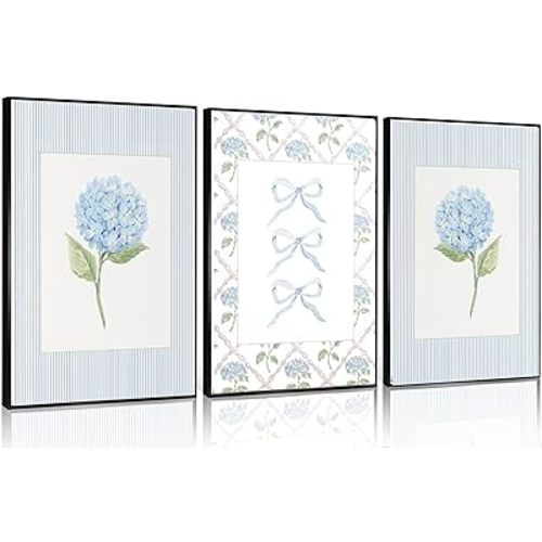 Trendy Blue Bow Canvas Wall Art Watercolor Hydrangea Coquette Paintings Pictures Wall Decor Coastal Preppy Aesthetic Posters Prints for Girly Room Bedroom College Apartment Home Decoration (Unframed)