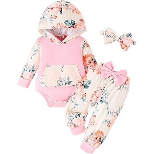 Newborn Infant Baby Girl Clothes 0-3-6-9-12-18 Months Outfits Sets Hoodie Romper + Pants + Bow Headband for Girls