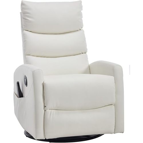 PELUMY 360° Swivel Rocker Recliner with Heat & Vibration Massage, Glider Rocking Chair for Adults, Compact Recliner for Living Room, Small Spaces, Nursery, Bedroom (Breathable Leather, White)
