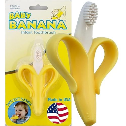 The Original Baby Banana Toothbrush Training Teether Toy, for Babies Infants Toddlers; Teething Relief for Sore Gums, Massaging Soothing; Safest Food Grade Silicone; USA Family-Owned Business