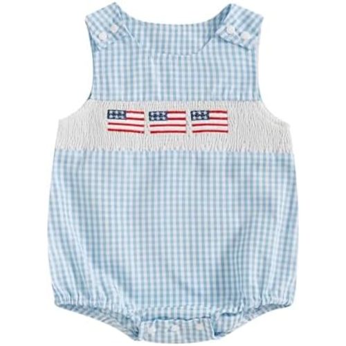 BeQeuewll 4th of July Baby Clothes Newborn Girl Boy Smocked Bubble Romper Flag Plaid Overalls Infant First 4th of July Outfit