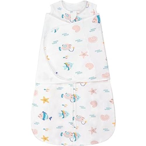ZIGJOY Sleep Sack Swaddle 1.0 Tog Baby Wearable Blanket 100% Cotton Adjustable Silent Transition Swaddle Blanket, 0-6 Months, Ocean
