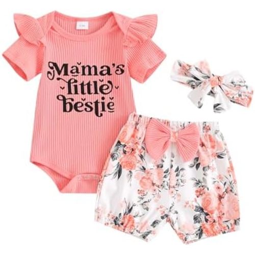 Adobabirl Baby Girl Newborn Clothes Short Sleeve Ribbed Romper Onesie Ruffle Shorts Bloomers Headband Summer Outfits Set