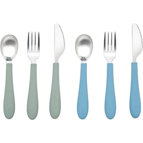 Kids Stainless Steel Utensils Set - Premium 18/8 Grade Silverware Kit - 2 Spoons, 2 Forks, and 2 Knives for Ages 4-7 - Silicone Easy-Grip Handles - Children Flatware Cutlery (Matte - Green, Blue)