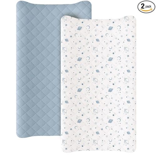 Konssy Waterproof Muslin Changing Pad Cover 2 Pack, Quilted Cotton Fitted Diaper Changing Table Cover, Soft Changing Pad Sheets for Girls Boys (Star,Blue)