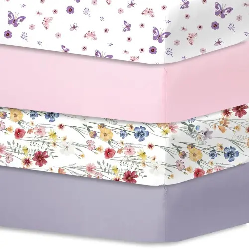 Bimocosy Crib Sheets for Girls, Fitted Crib Sheet 4 Pack for Standard Crib and Toddler Mattresses, Super Soft Breathable Microfiber Baby Sheet 28x52x8in, Butterfly/Floral/Pink/Purple