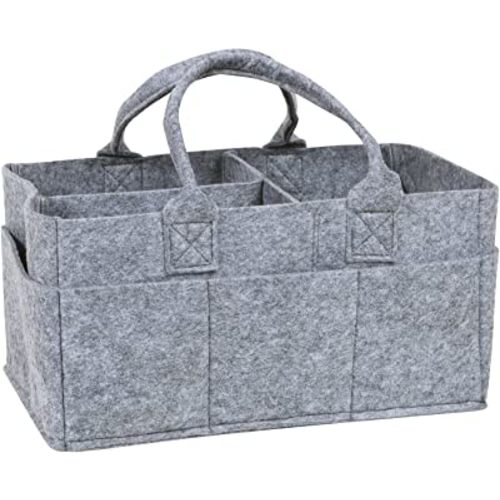 Sammy & Lou Collapsible Light Gray Felt Storage Caddy, Divided Design To Keep Diapers, Wipes And Changing Items Organized, Two Handles, 12 in x 6 in x 8 in