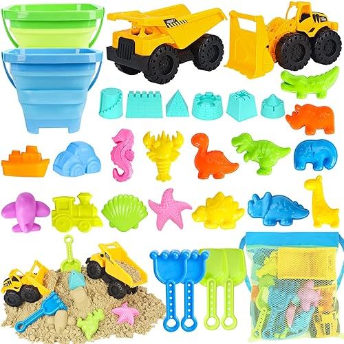 Beach Toys, 31Pcs Sand Toys with 2 Construction Vehicle and 2 Collapsible Beach Bucket, Sand Castle Building Kit, Sand Molds, Shovel Set, Mesh Bag, Summer Toys for Kids Ages 4-8