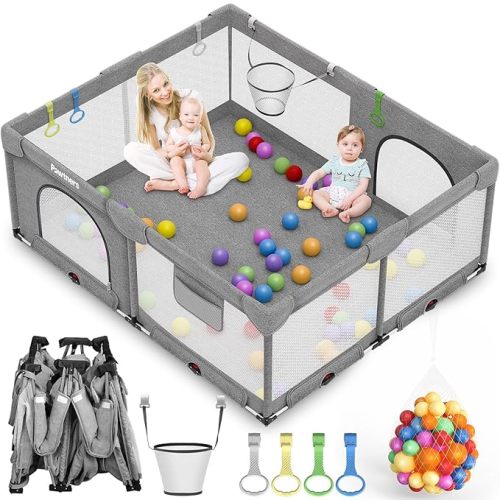 Foldable Playpen for Babies and Toddlers: 71"L x 59"W x 27"H, Large Kids Playpen, Portable Baby Play Yard for Indoor and Outdoor Play Area, Baby Gate Playpen with 50PCS Ocean Ball, 4 Handles, 1 Basket