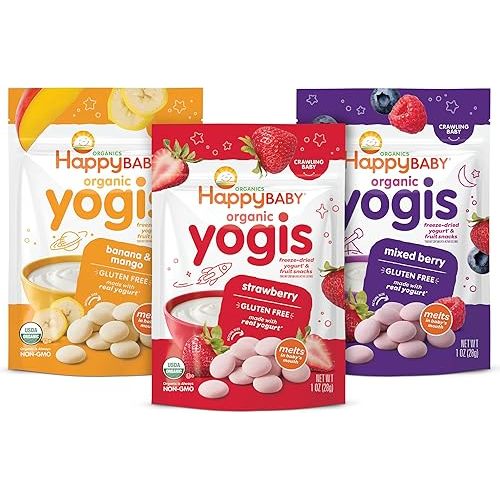 Happy Baby Organics Yogis Freeze-Dried Yogurt & Fruit Snacks, 3 Flavor Variety Pack, 1 Ounce (Pack of 3)