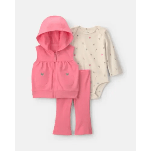 Baby Girl 3-Piece Apple French Terry Long-Sleeve Hooded Layering Set - Coral/Cream | Carter's
