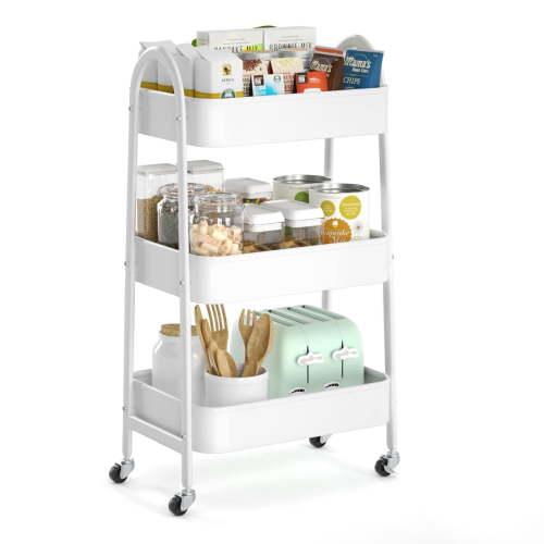 Baby Diaper Caddy Organizer Cart Metal rolling cart,3 Tier Rolling Storage Cart with Wheels,Baby Essentials for Diapers and Baby Wipes Newborn Essentials Storage Cart (White)