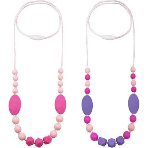Silicone Nursing Necklaces for Mom to Wear, 2 Pack Pink Sensory Chew Necklaces for Kids, Chewy Necklaces for Sensory Kids, Chewing Necklaces for Autistic Children to Reduces Anxiety