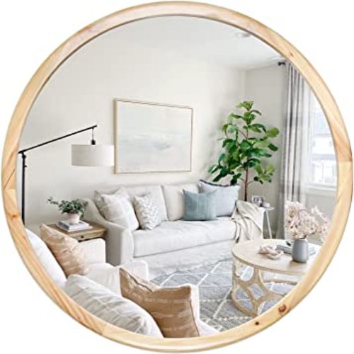 Circle Wooden Wall Mirror,18 inch Round Natural Wood Mirror Large Rustic Farmhouse Decor Mirror for The Living Room, Bathroom, Bedroom