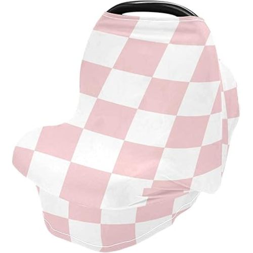 White Pink Squares Checkerboard Baby Car Seat Covers Checkered Plaid Carseat Canopy Soft Infant Stroller Cover Nursing Breastfeeding Covers for Girls Boys Newborn Fit Summer Spring Autumn