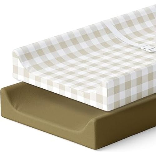 Pobibaby - 2 Pack Premium Changing Pad Cover - Ultra-Soft Jersey Knit, Stylish Ocean Pattern, Safe and Snug for Baby (Gingham Khaki)