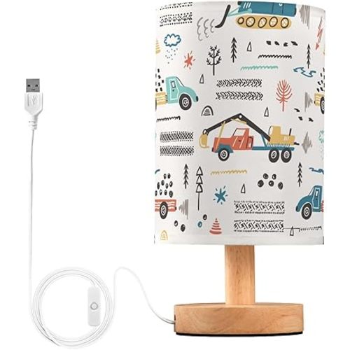 SPRIPORT Toy Cars Construction Trucks Bedside Table Lamp for Bedroom Nightstand Lamp with Wood Base & Round Flaxen Fabric Shade Night Stand Light Lamp for Living Room Home Office Dorm Working Reading