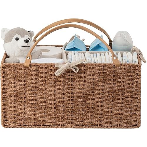 HBlife Large Baby Diaper Caddy Organizer, Paper Rope Storage Baskets Nursery Bin with Removable Divider, Portable Car Organizer for Diapers, Baby Shower Gifts, Newborn Essentials Must Haves