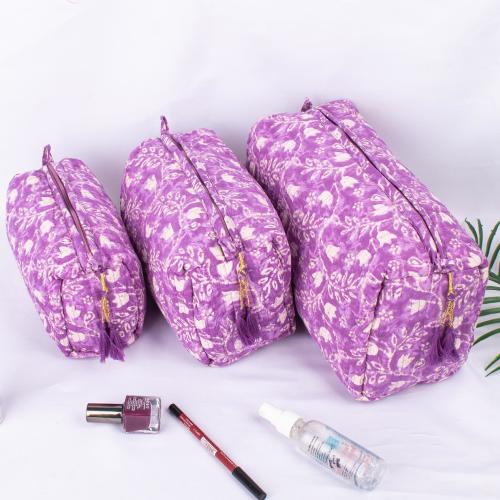 Set Of 3 Quilted Purple Toiletry Bag, Block Print Color Make Up Bag, Cosmetic Bag - Free Shipping
