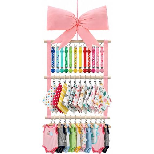 Sliner Pink Bow Baby Bibs Organizer Bow Holder for Girls Baby Neutral Pacifier Clip Organizer 3 Tier Cute Bandana Drool Burp Cloths Storage Display Hanging Decor for Nursery Newborn Infant Girls Room