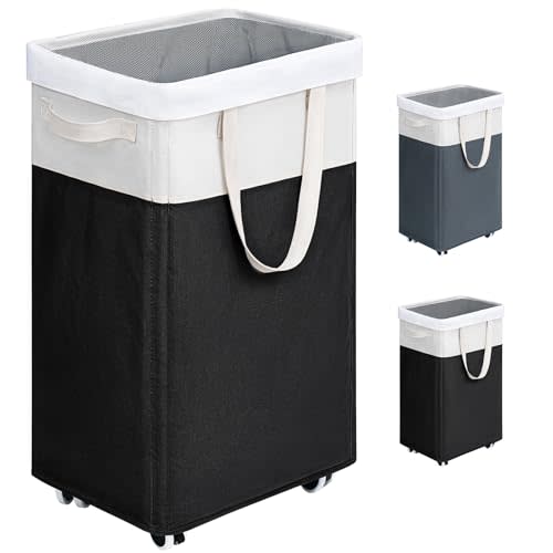 Goodpick Rolling Laundry Hamper with Wheels 75L, Black Laundry Hamper for Dirty Clothes, Collapsible Laundry Basket with Removable Wash, Black Laundry Basket with Wheels