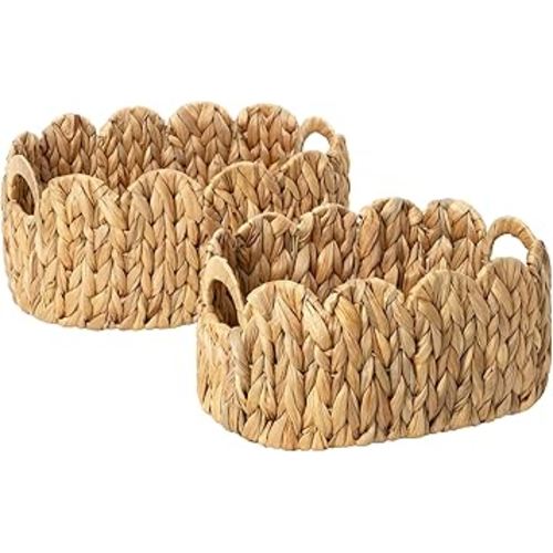 StorageWorks Scalloped Wicker Basket, Hand-woven Rattan Baskets with Built-in Handles, Cute Baby Basket for Nursery, Water Hyacinth Baskets for Organizing and Decor, 2 Pack