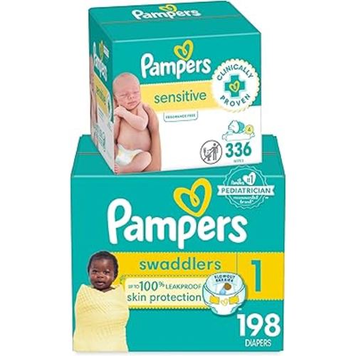 Pampers Swaddlers Disposable Baby Diapers Size 1, One Month Supply (198 Count) with Sensitive Water Based Baby Wipes 6X Pop-Top Packs (336 Count)