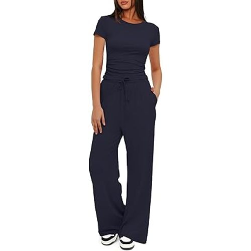 Darong Women's 2 Piece Outfits Lounge Sets Ruched Short Sleeve Tops High Waisted Wide Leg Pants Tracksuit Sets