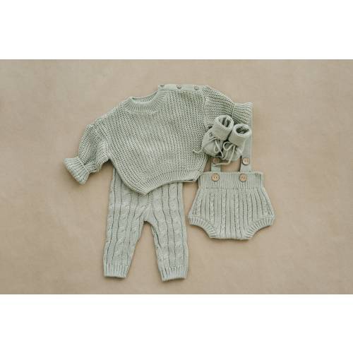 Newborn Coming Home Outfit | Baby Knit Sweater, Suspender Pants, Bloomers, Hat and Booties. Gender Neutral Gift Idea