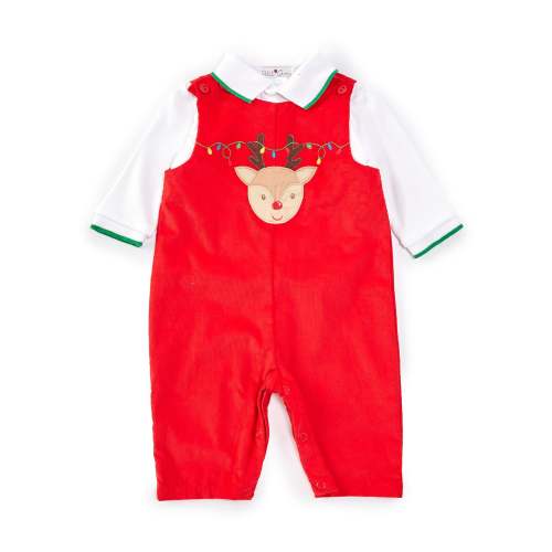 Petit Ami Baby 3-24 Months Red Corduroy & Shirt Reindeer Applique Coverall