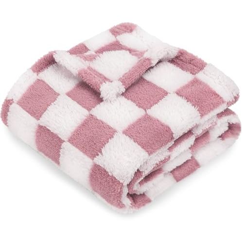 HOMRITAR Checkered Baby Blanket for Grils Coral Pink Soft Fluffy Fuzzy Blankets with 3D Chessboard Grid, Warmer Comfort Reversible Lightweight Bed Blanket for Toddlers Infant or Newborn 30 x 40 Inch