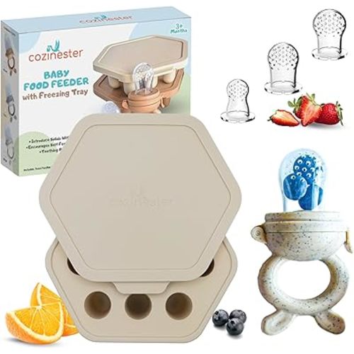 Baby Fruit Feeder & Teething Relief | Baby Feeding Essentials | Innovative Baby Teething Relief Tool | BPA Free Breast Milk Popsicle Teether for Self Feeding | Includes 2 Pouches (Beige)