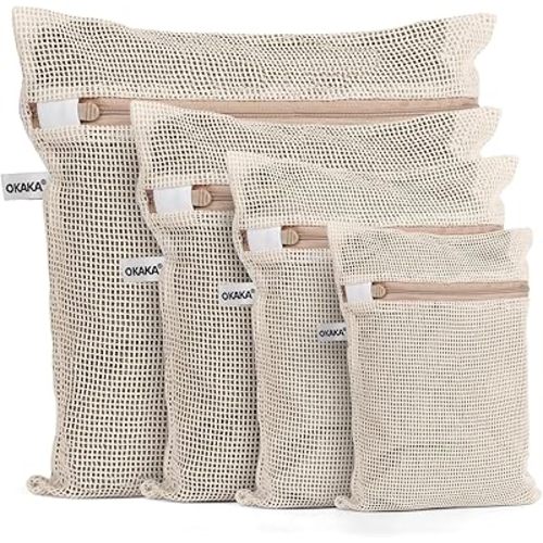 100% Cotton Mesh Laundry Bags, Premium Soft, No Dye, Set of 4, Natural