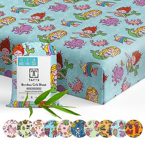 Tafts 100% Viscose Fitted Crib Sheets, Girls, Boys & Unisex, 8 Inch Deep Pocket, Standard Crib & Toddler Mattress, Cooling, Soft, 360 Elastic, Lifetime Quality (28 x 52 Mermaid)