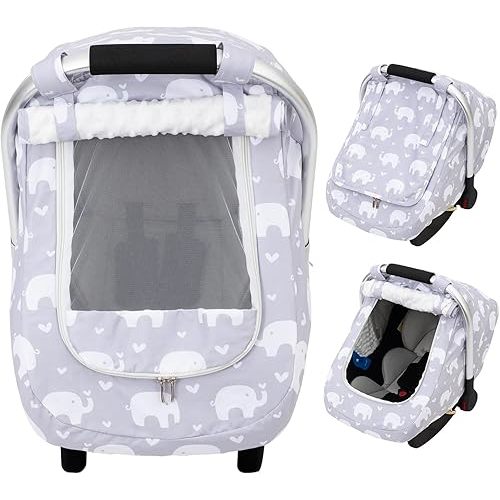 Car Seat Cover Baby, Mink Dot Infant Car Seat Cover for Outdoor, Breathable Carseat Cover with Mesh Peep Window & Sun Shade, Easy Access Baby Carrier Canopy Snug Fit Stroller