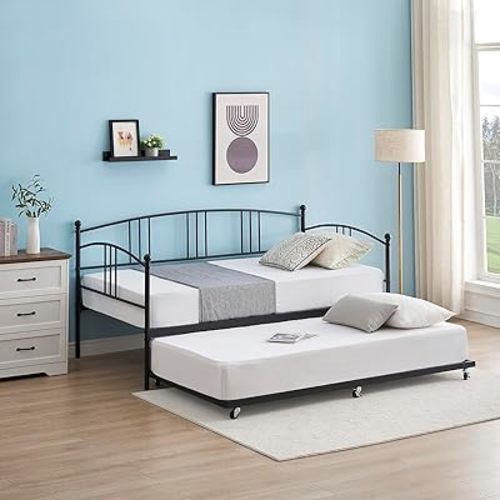 IDEALHOUSE Daybed with Trundle, Metal Twin Size Day Bed, Trundle Bed Twin with Heavy Duty Steel Slats Platform for Living Room, Bedroom and Guest Room, Black